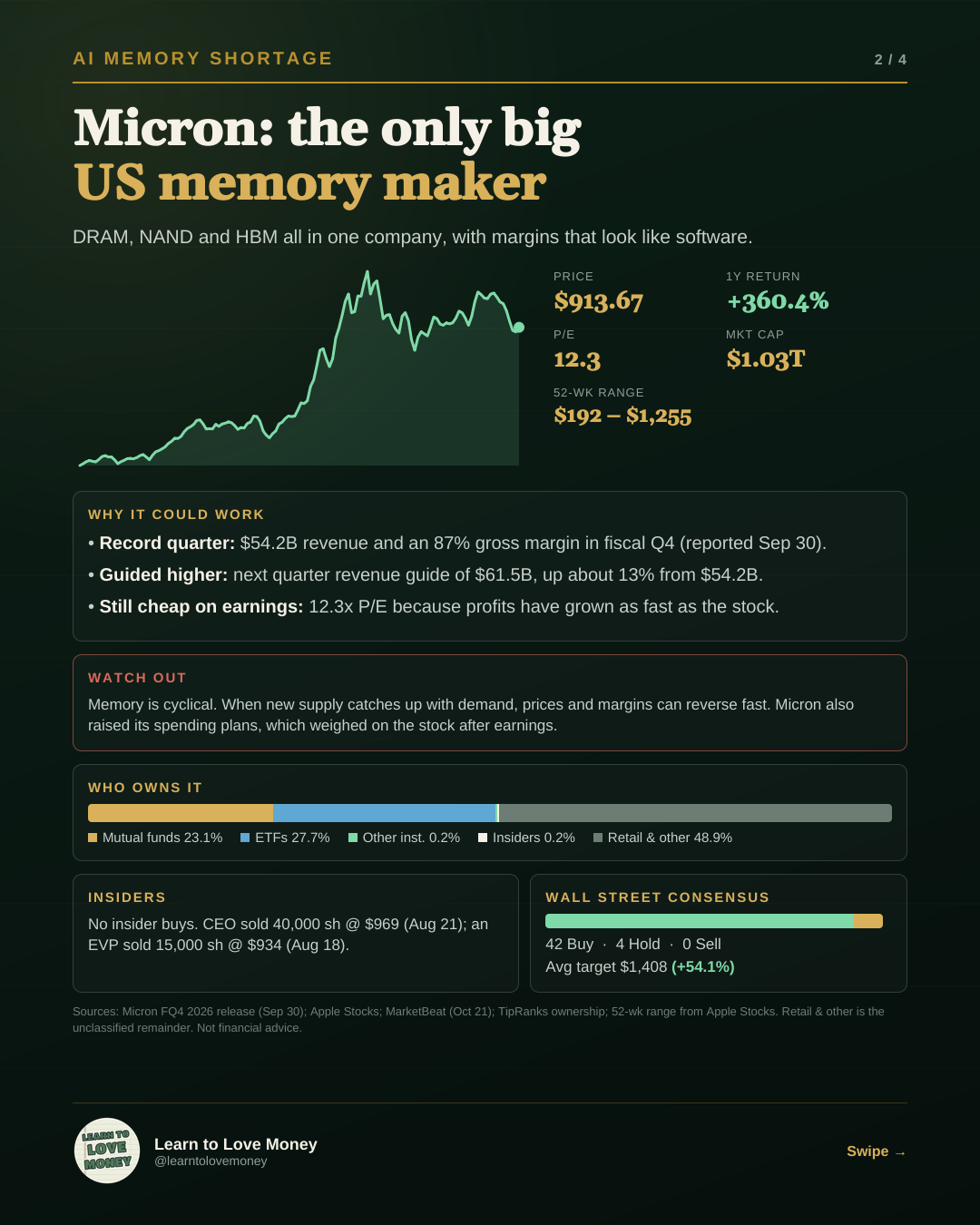 Micron (MU) stock slide: price $913.67, 1-year return +360.4 percent, P/E 12.3, market cap $1.03 trillion, with the case for and against, ownership, insider activity and analyst consensus.