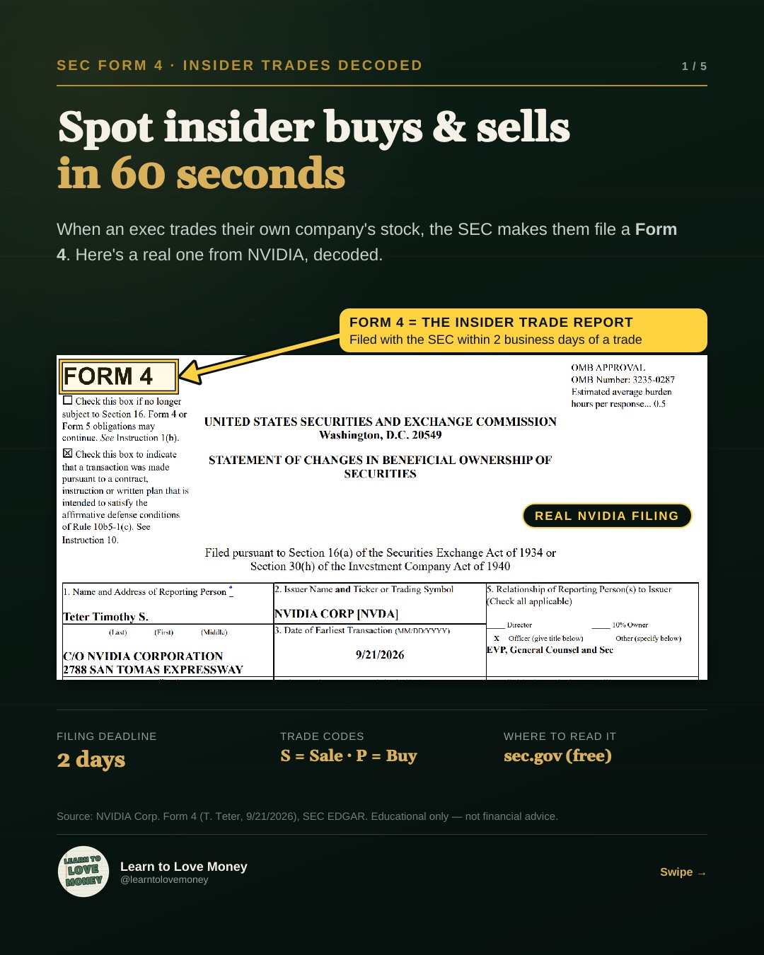 Annotated first page of a real NVIDIA Form 4, with the FORM 4 title called out as the insider trade report filed with the SEC within 2 business days of a trade