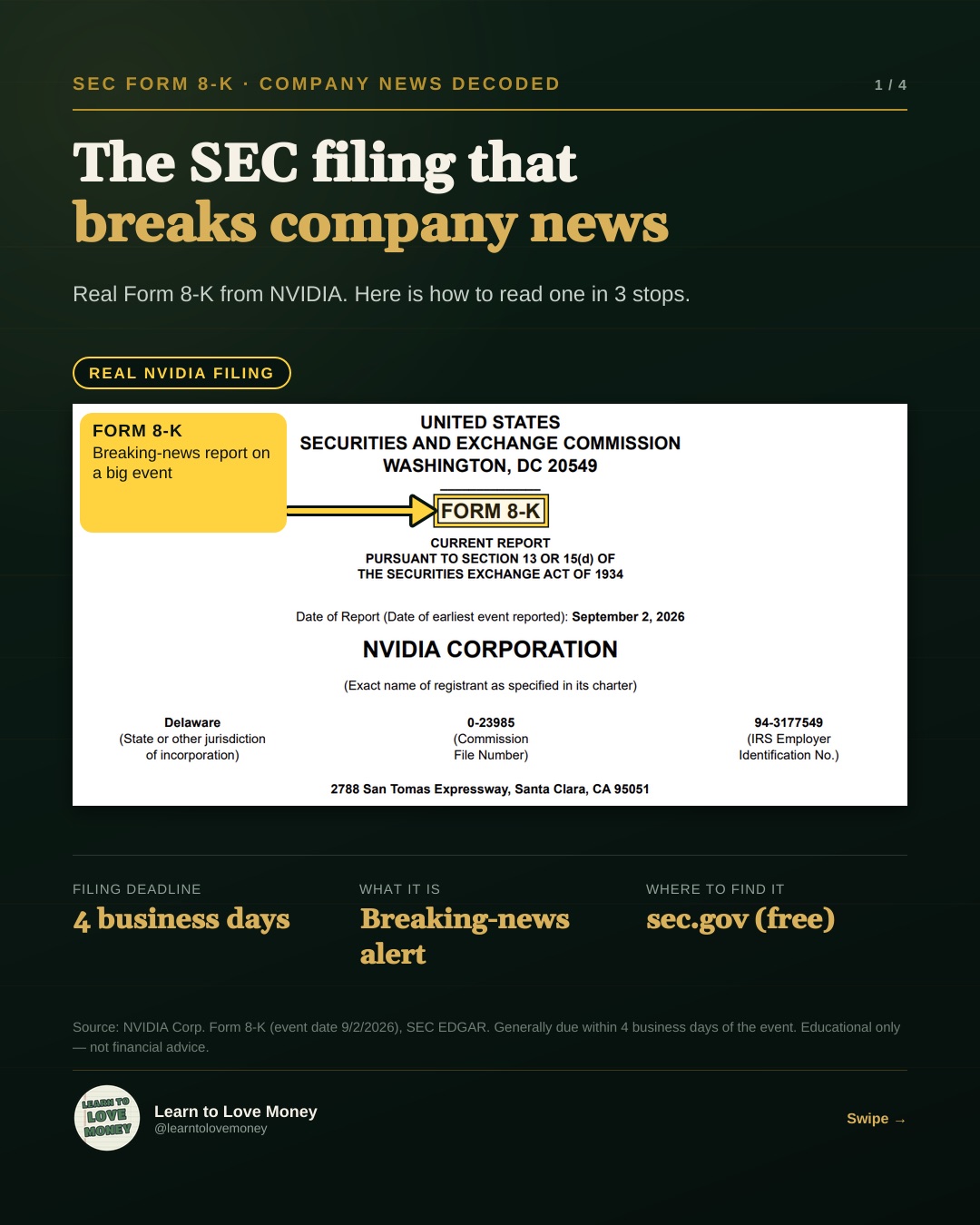 Annotated cover of a real NVIDIA Form 8-K dated September 2, 2026, labeled as the breaking-news report on a big event, due within 4 business days