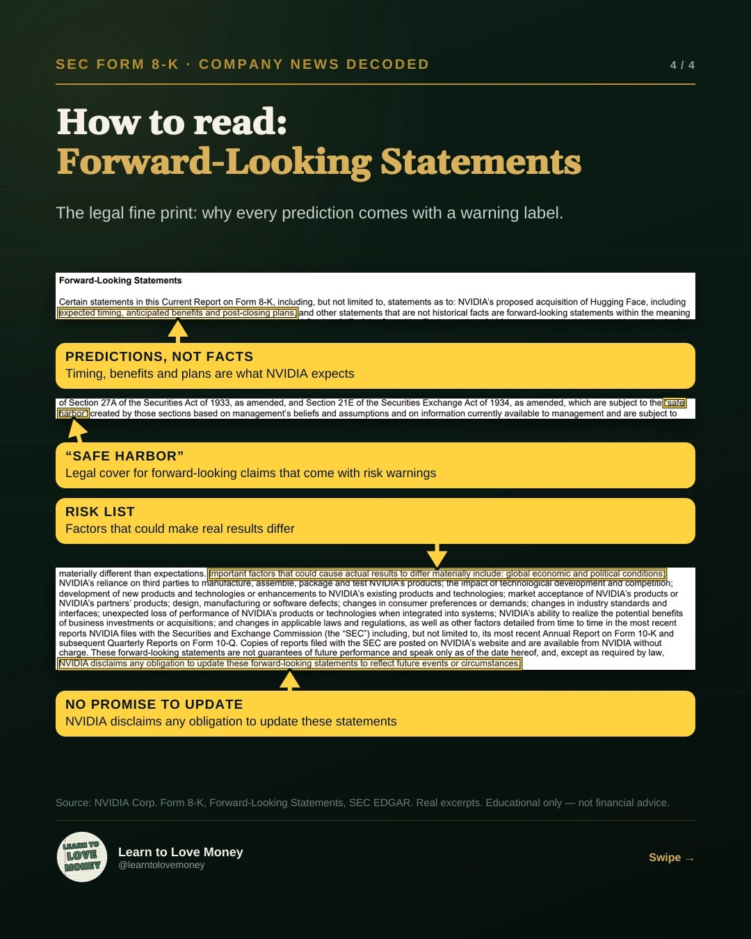 Annotated Forward-Looking Statements section of an 8-K highlighting that predictions are not facts, the safe harbor, a risk list, and the company's statement that it has no obligation to update