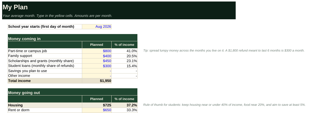 My Plan tab with income and spending categories